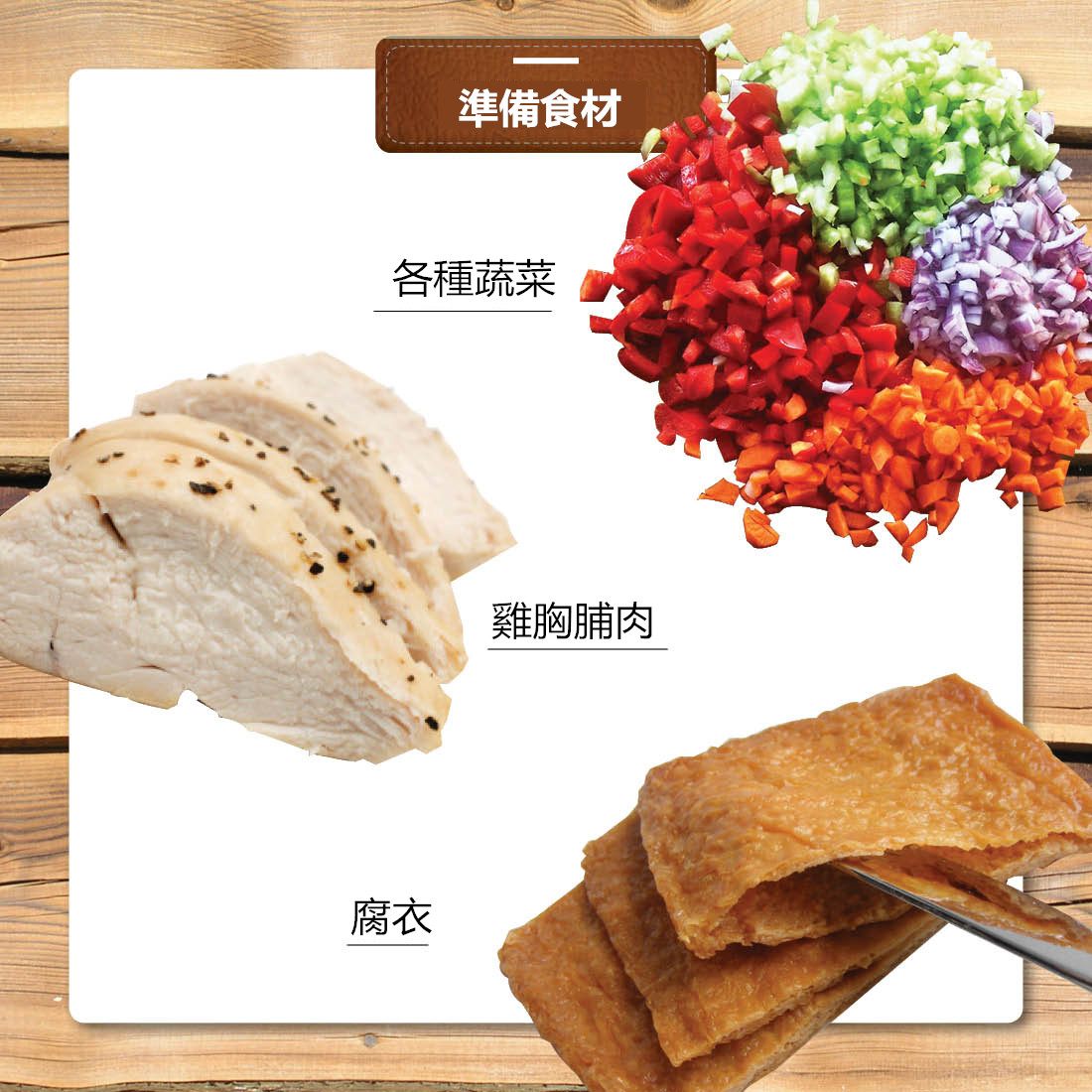 把雞胸肉先煎熟,然後選一些自己喜歡吃的蔬菜切成丁,豆腐皮去超市買現成的就好了!