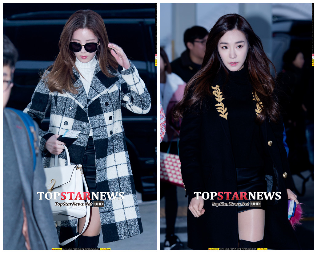 而Tiffany的私服造型又和徐賢的造型意外的相似,都是長款呢子大衣+緊身高領毛衣+短褲+長筒靴。只是徐賢選擇了大氣的格紋款大衣,而Tiffany的雖然是純黑大衣,但兩邊的刺繡設計卻也個性感十足。