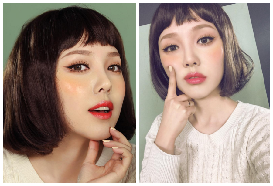 美妝女王Pony也緊隨其後,就算戴假髮也要趕上這股短劉海的潮流,厚厚的短Bob頭搭配厚重的劉海,再加上暖橘色的大面積腮紅,讓整個人都充滿的少女的甜蜜感。