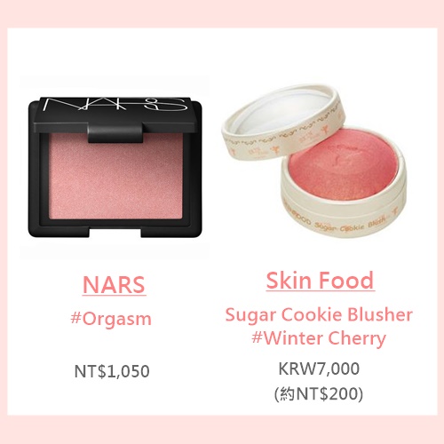 ★價差:NT$850
歐美女星都很愛用的NARS #Orgasm腮紅是帶金色珠光的珊瑚色,而Skin Food #Winter Cherry的顏色真的跟#Orgasm非常像!只是擦起來的珠光感沒有NARS那麼強