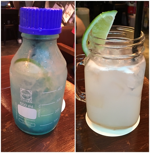 先說說左邊的Blue-lemon,喝起來檸檬味蠻重的,小編喜歡偏酸的飲料所以覺得還ok,但如果不適酸的朋友建議點別款唷 !
右邊的水蜜桃椰果風味飲只能說完全不對小編與友人的胃... 喝起來有種感冒藥水的味道 > < (就是小時候去診所時喝的彩色藥水),個人喜好不同有興趣的就自己試試看吧 !