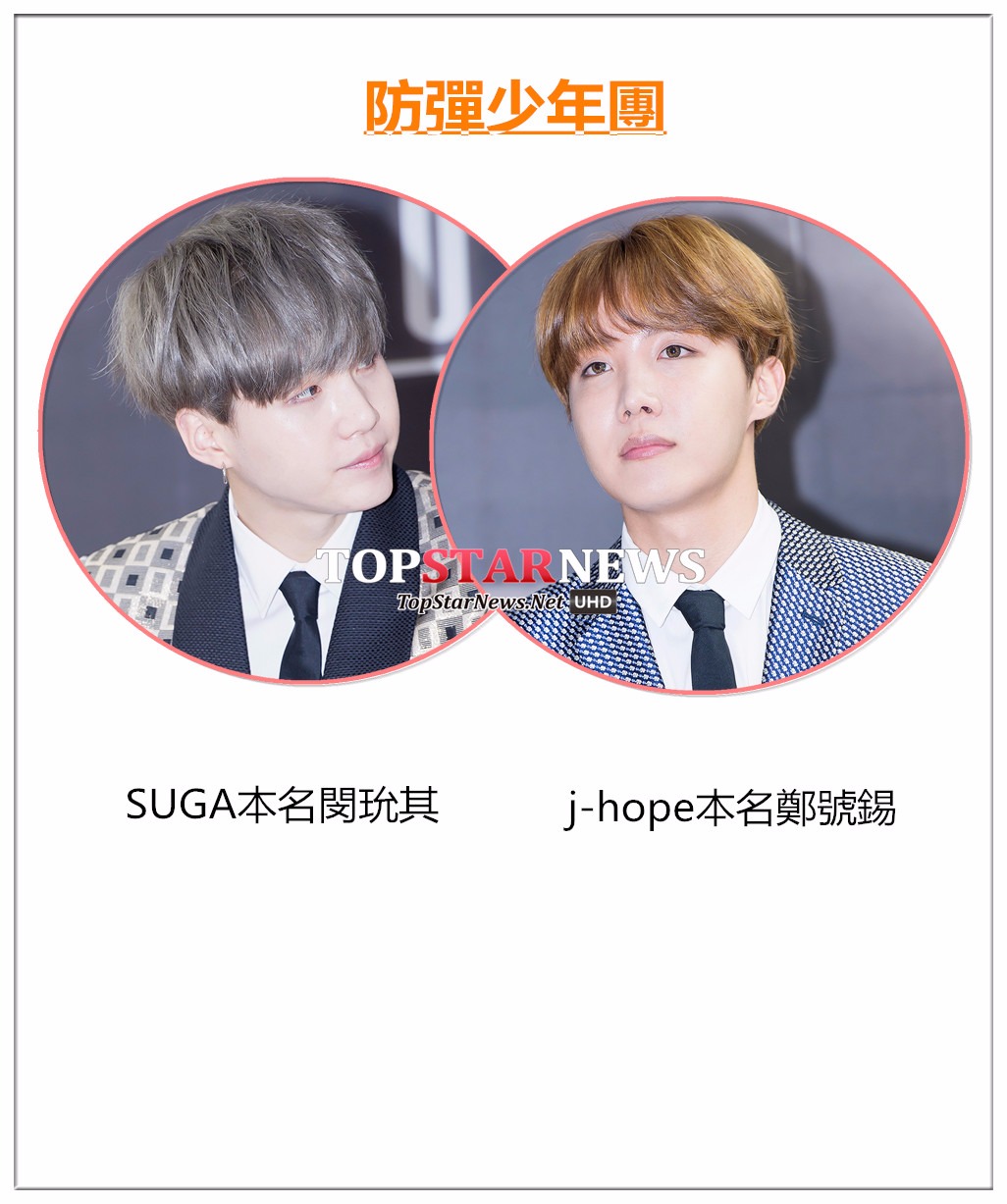 SUGA是因為第一次見到SUGA會有甜蜜的感覺,方PD也希望SUGA的性格能和白糖一樣更加溫和,因為SUGA的脾氣有點太暴躁,還有就是SUGA的皮很白像白糖。j-hope的藝名呢~J是從本名的姓氏而來,hope呢,方PD用了潘多拉盒子的典故,釋放了邪惡和災難之後留下的就是希望了,是希望j-hope能成為組合里希望的存在。