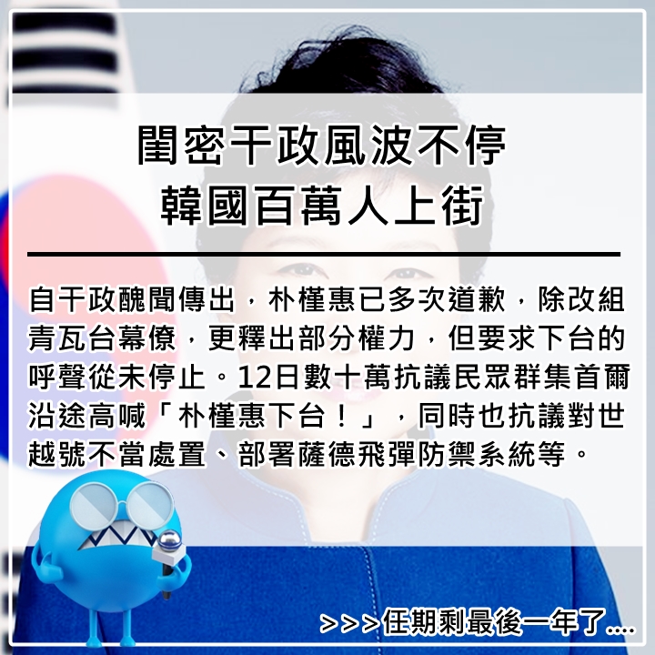 11月12日
警方估計有26萬人參與,主辦方則有85萬人,不論如何,這都是韓國30年來規模最大示威遊行,比2000年抗議美牛大遊行還多人參與。