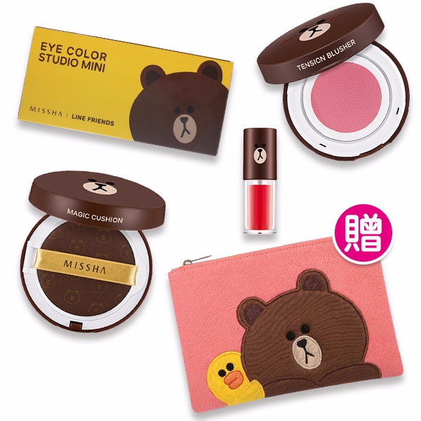 MISSHA x LINE FRIENDS 熊大精選彩妝組 (白皙) 原價$1790 特價$899
同一系列還有出熊大的組合,內容物有熊大四色眼影盤、熊大無暇氣墊粉餅+蕊組 SPF50+ / PA+++ No.21白皙、熊大水嫩唇露 葡萄柚冰茶及熊大氣墊腮紅 嫩粉紅。