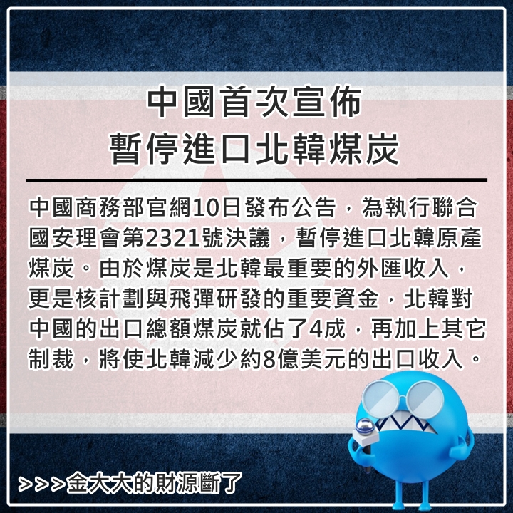 12月10日
安理會11/30決定針對北韓在9/9進行第5次核試驗等行為實施制裁,包括對北韓煤炭出口予以限制,北韓也不得出口銅、鎳、銀、鋅和雕像等資源及物品。南韓與日本12/2也立刻公佈了對北韓的單邊制裁措施。