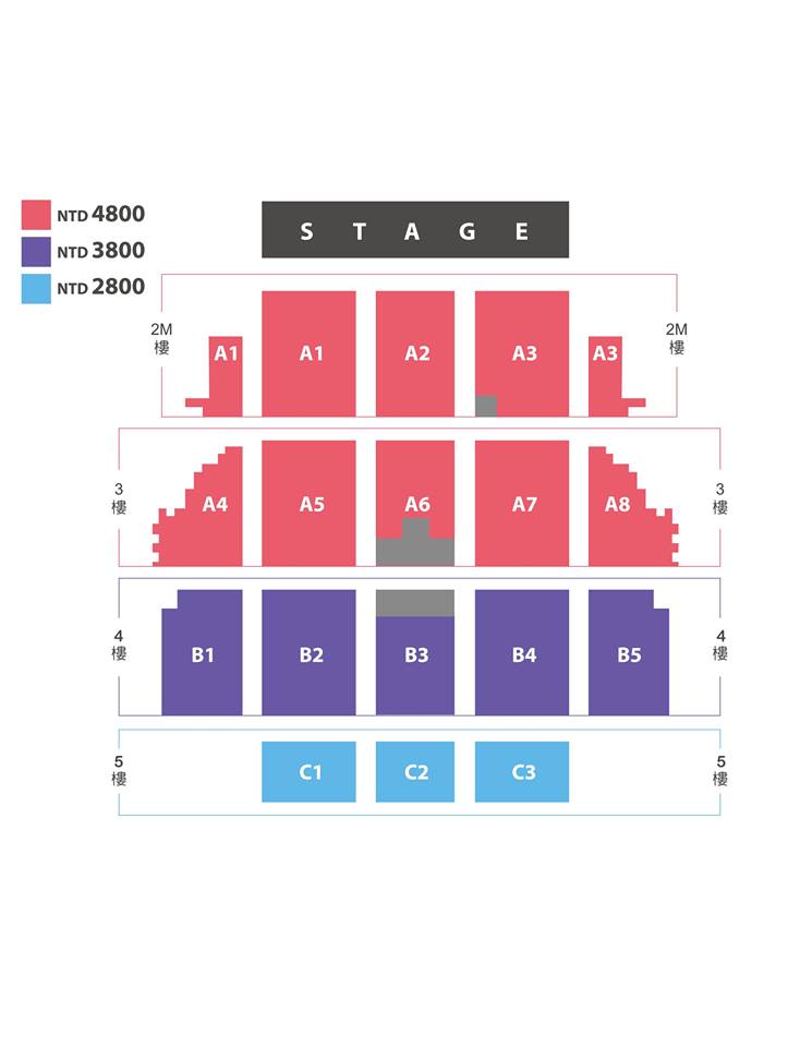 AOMG Concert 座位圖
粉絲福利:
A區NT$4800 : 全區皆可與AOMG成員近距離擊掌,並抽十位粉絲與AOMG成員合照(10人一組)
B區NT$3800 : 抽八十位粉絲與AOMG成員合照(10人一組)
C區NT$2800 : 抽十位粉絲與AOMG成員合照(10人一組)