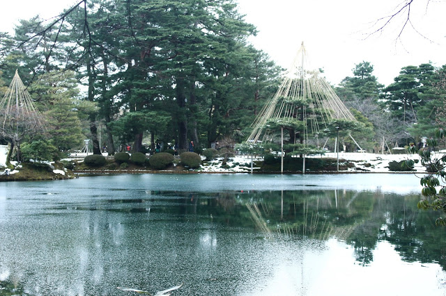2.兼六園
就在金澤城附近的兼六園是金澤的超級必訪景點(重要程度五顆星!),它可是日本有名的三大名園之一!「兼六」為兼具六勝之意,並且四季都各有風情,賞櫻、賞楓、雪景都非常美麗,尤其冬季時四處可以看到雪吊(雪季之前都會在樹幹旁豎立柱子以保護樹枝不會因為積雪而折斷)的兼六園十分出名。