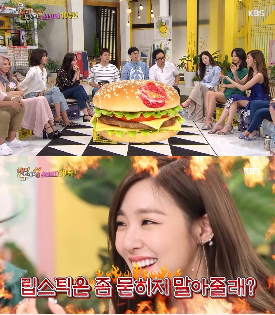 Tiffany:「聽到我的話秀英便給我吃了,但是我那時已經化完完整的舞台妝,所以我的口紅都印到漢堡上,結果看到的秀英就有點生氣的說:『口紅(沾到了)!』」
秀英則接著說:「因為我對食物有點敏感。」主持人們也表示理解,秀英:「只是那時候Tiffany看起來很傷心的說:『朋友的口紅沾到了還是可以吃啊...』」