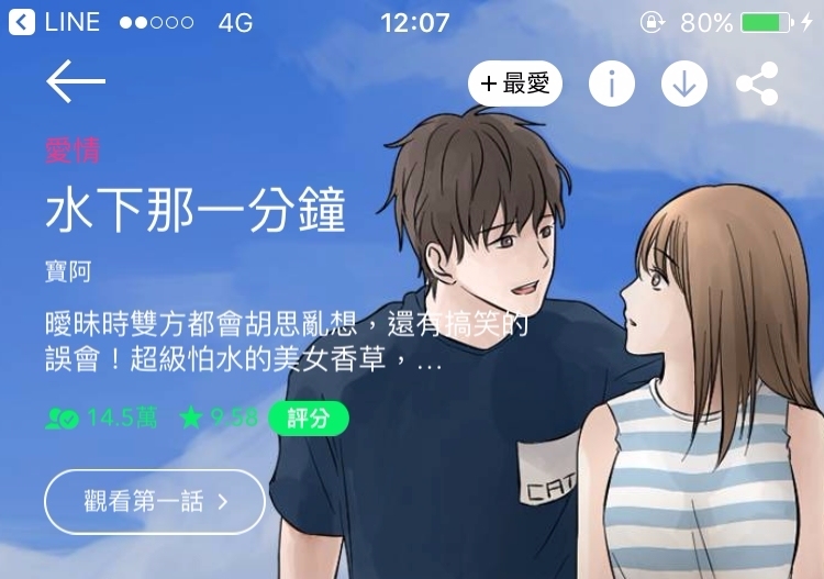 4. 水下那一分鐘
關於一個超級怕水的美女香草, 遇上害羞的暖男東城,兩人之間的曖昧故事XD,就像是初戀一般酸酸甜甜,喜歡小清新戀愛感的女孩一定會愛上這部漫畫!