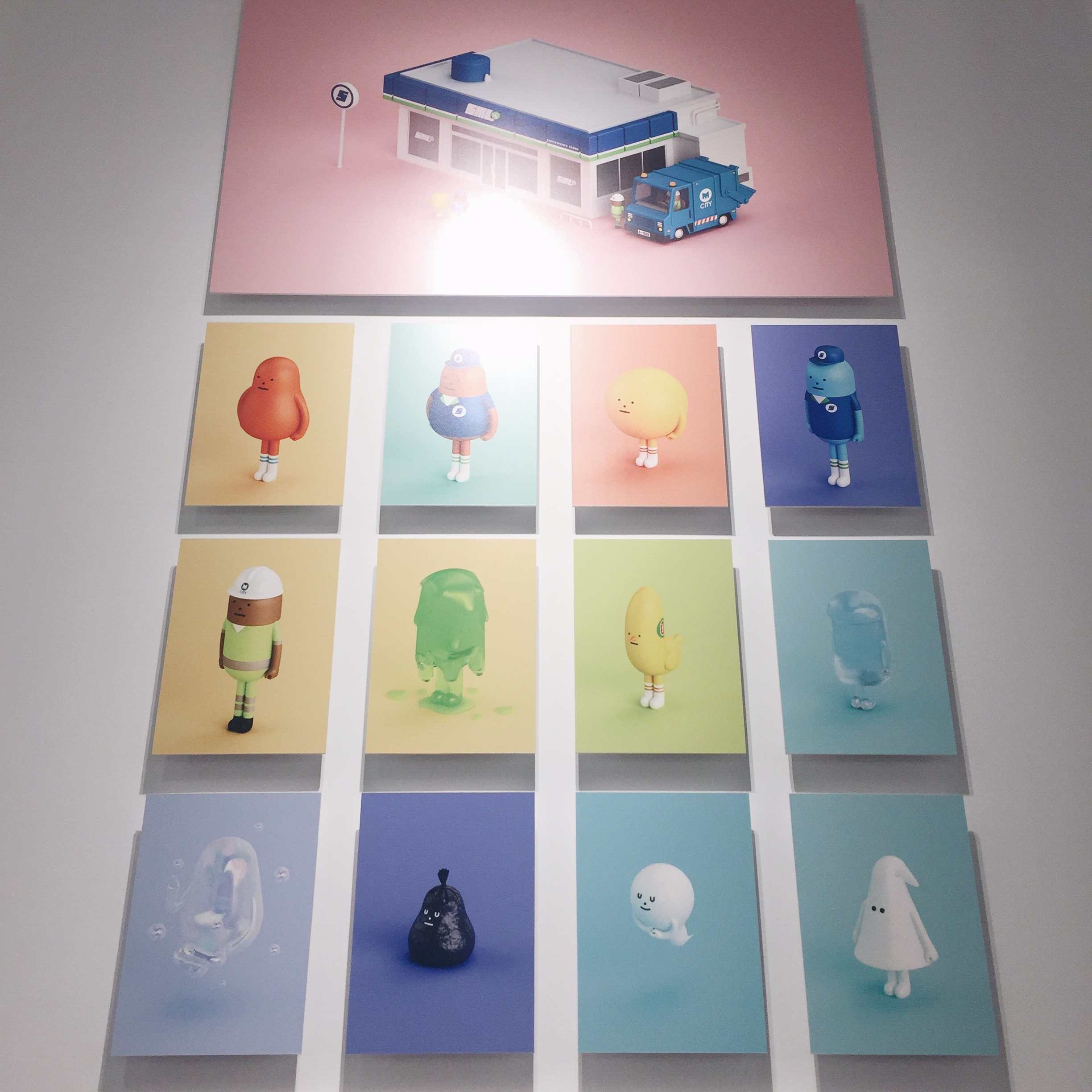 為這次展覽新創作的24小時便利商店系列,每個角色都超Q!漂浮的泡泡人、垃圾袋小貓、鬼魂等等,三度融化~
系列動畫也無敵可愛,來現場的話記得看完再走!