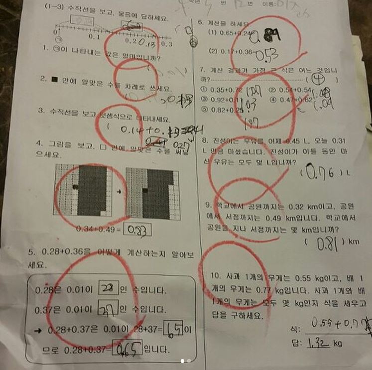 而且先前連自己的名字이준수 (李俊秀)也會寫反寫成10俊秀,讓姨母們笑很久的俊秀在上學之後脫胎換骨成為小學霸!不只數學考了100分,還跟爸爸說全班功課最好的同學錯了3題~小小炫耀一下,也難怪爸爸會笑說這張滿分考卷要裱框護貝了