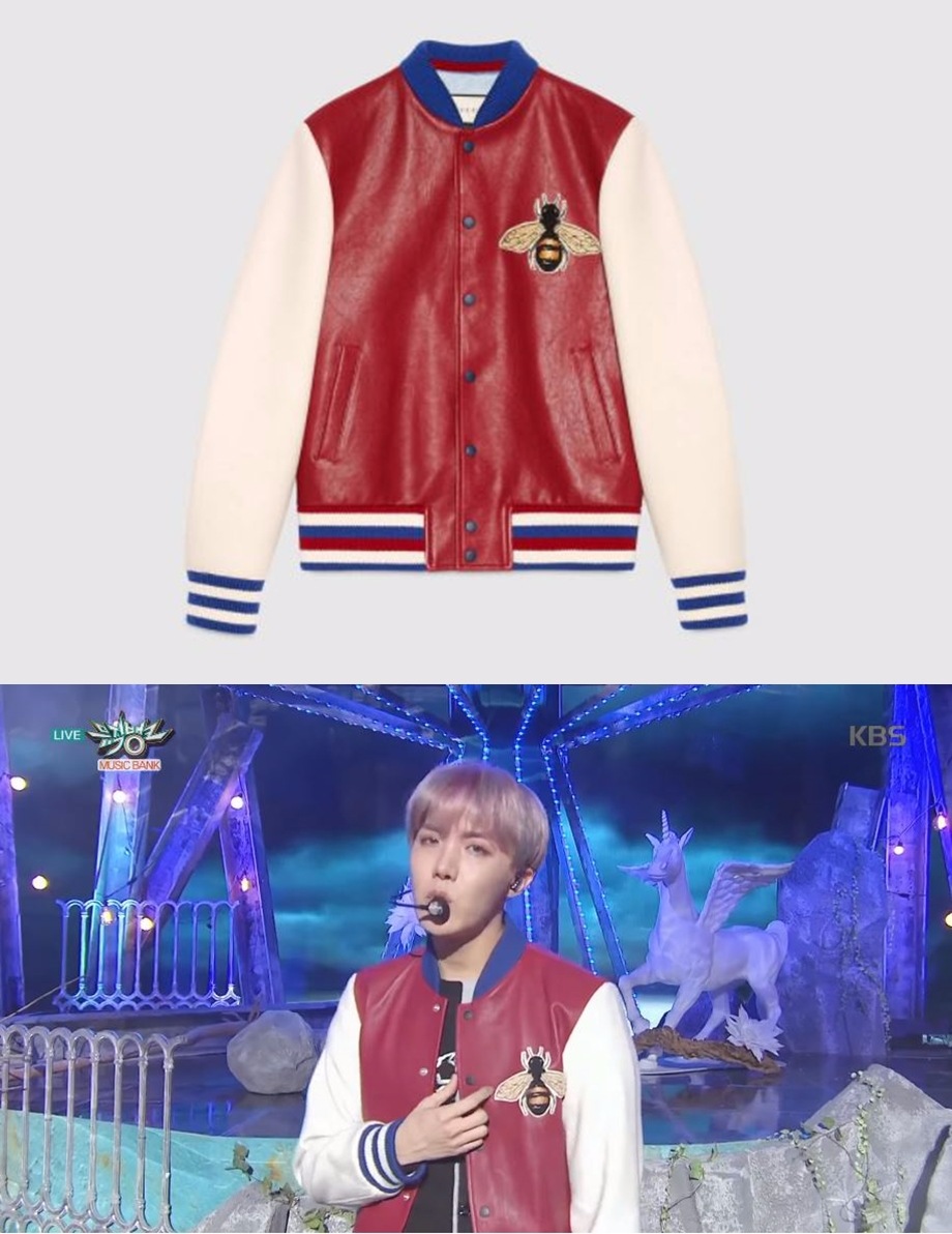 J-HOPE在《音樂銀行》的春日舞台所穿著得皮革棒球外套是GUCCI的Leather and felt bomber with embroideries!
售價約為3750塊美金約是台幣11萬3千元~
小編買不起啊ㅠㅠ