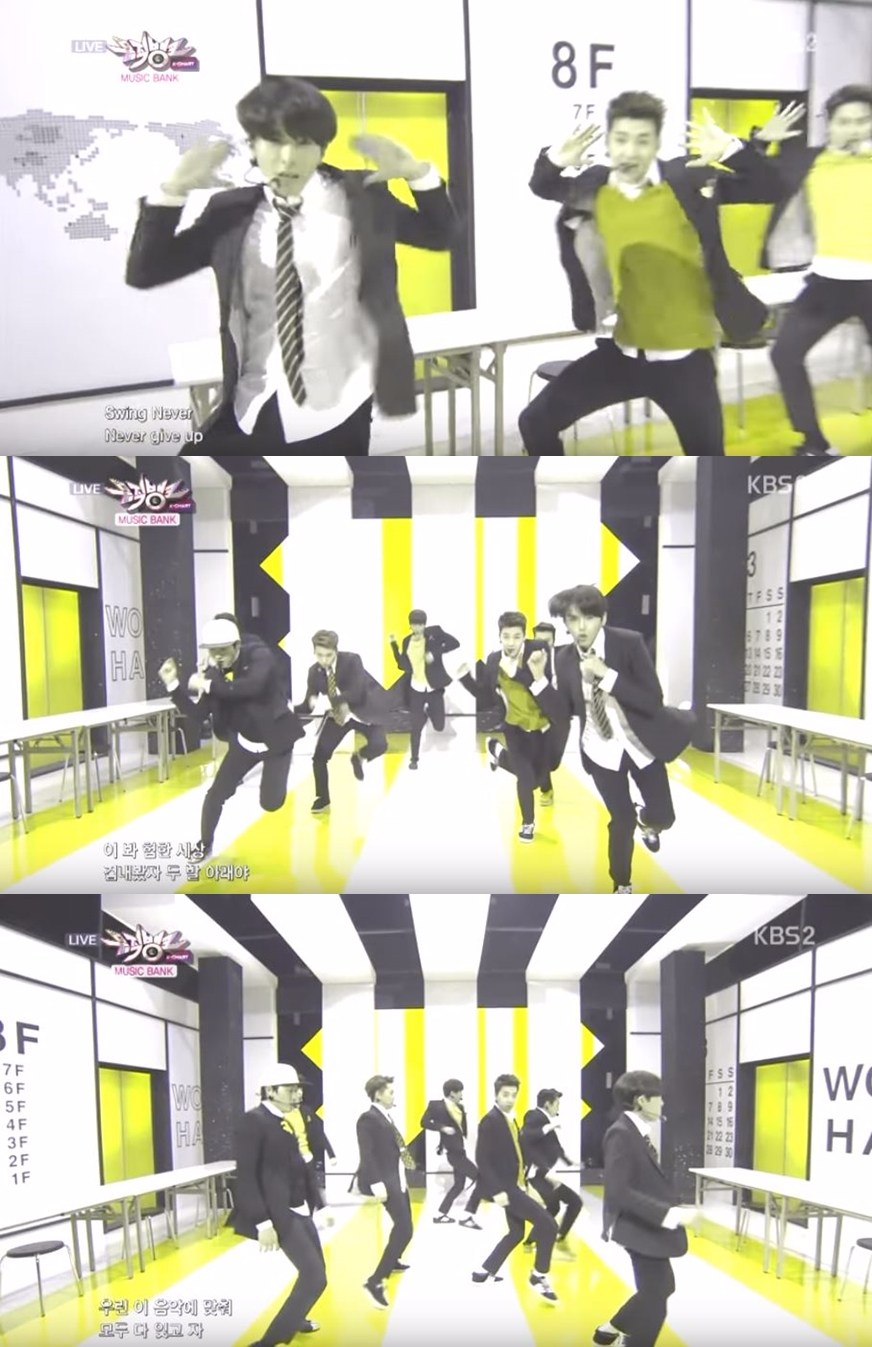 就如同OH MY GIRL的例子,SUPER JUNIOR-M的《SWING 》舞台,也是只要唱到副歌,整個畫面就會變成螢光黃,讓成員們瞬間看起來就像是黃色版的史瑞克啊XD
小編只想要好好看表演不要亂變色啊~