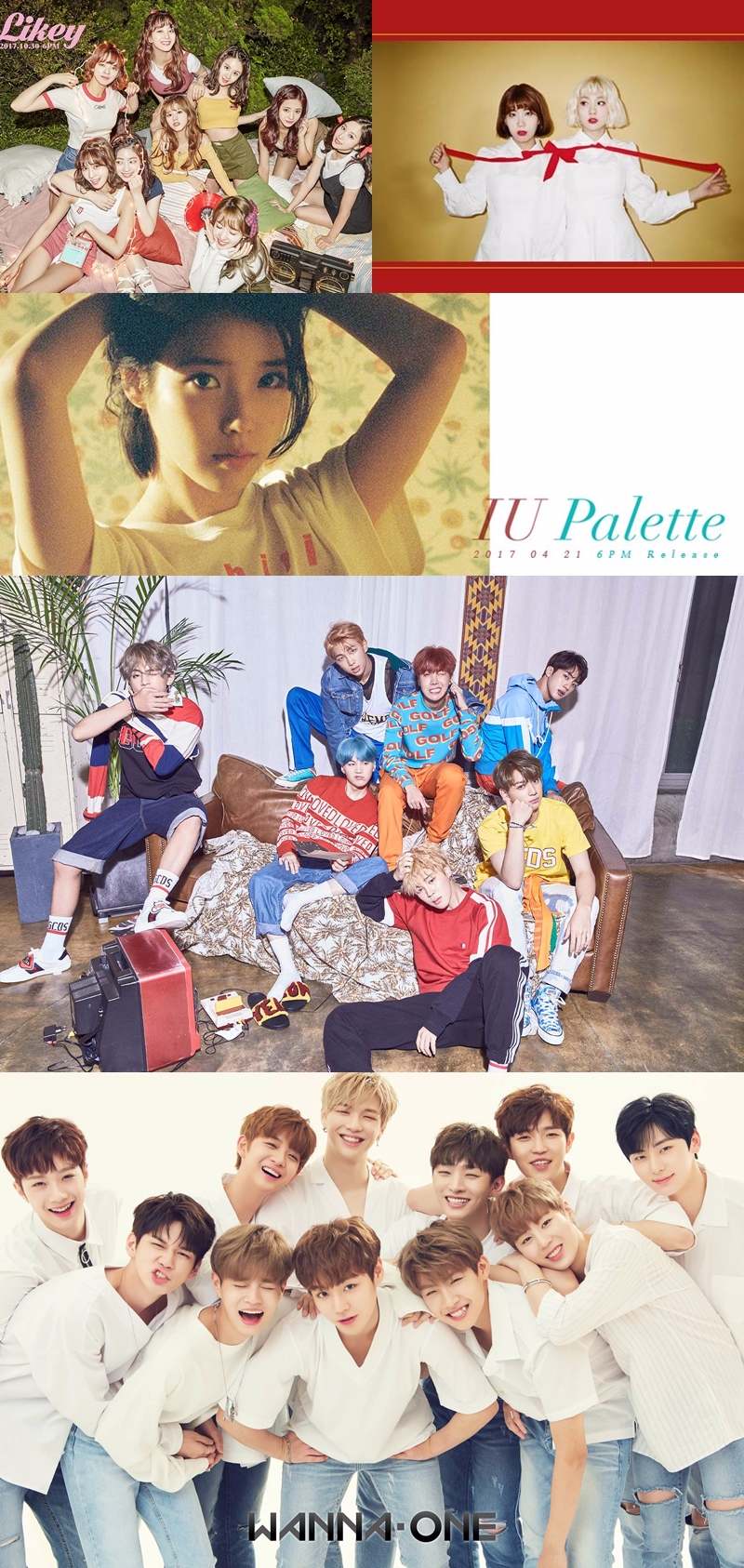 共同4位-TWICE、臉紅的思春期。共獲得9票。
第3名-IU。共獲得18票。
第2名-防彈少年團。共獲得44票。
第1名-WANNA ONE。共獲得50票。
果然今年強勢攻佔各大音源和音樂節目一位的團體,幾乎都上榜了呢!