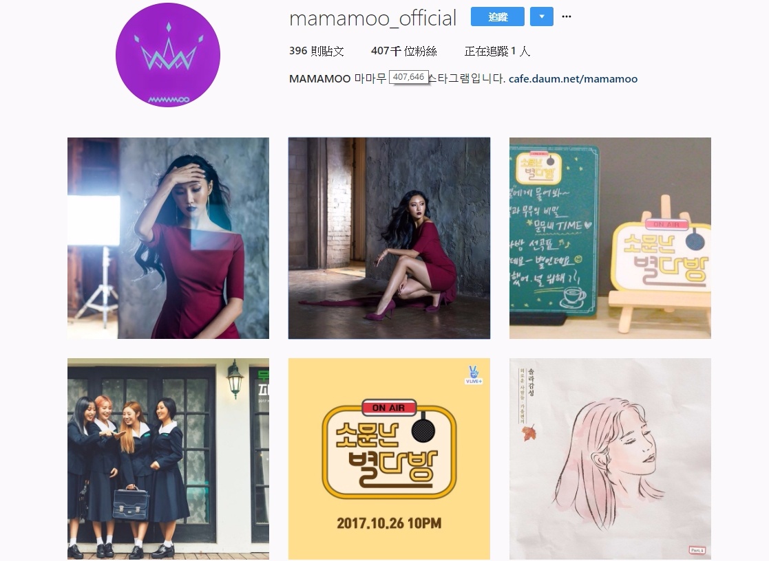 TOP5 MAMAMOO
粉絲人數:407,646
最強GIRL CRUSH的女團MAMAMOO,今年的粉絲人數可說是以暴風的數量和速度在成長啊!而擁有著無窮魅力的他們一定可以持續的大圈飯的。