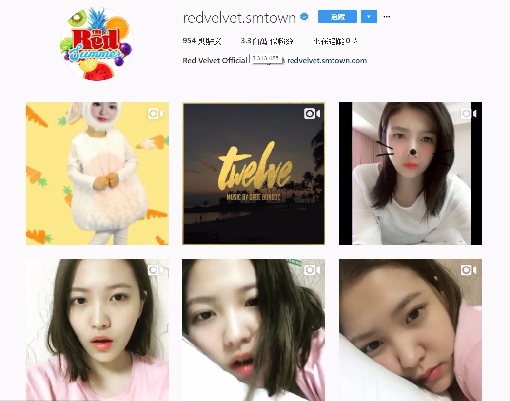 TOP3 RED VELVET
粉絲人數:3,313,485+
而到了貝貝粉絲人數則是由3百萬起跳了~這些年積極使用IG與粉絲互動的貝貝,Instagram的粉絲人數也是以超高速的速度在成長呢!
而今年各項音源、音樂節目成績都相當亮眼的貝貝,也確定將於11月回歸了~相信RED VELVET一定會在突破自己的紀錄,大走花路~