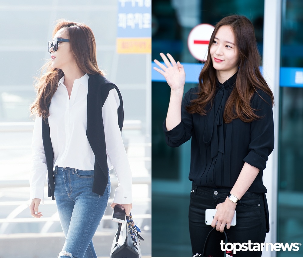 -襯衫look
首先就是兩姊妹都很愛穿的襯衫,Jessica選擇白色,並且透過披肩外套、包包增加細節感,Krystal則是直接一身黑、帥到底,就算襯衫是比較偏雪紡的女人味材質,我們秀晶依舊可以把它穿的很帥氣呢XD