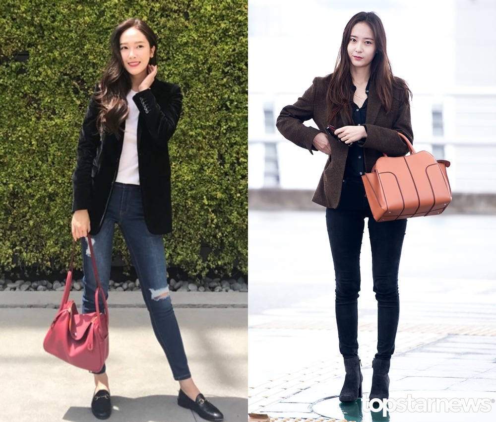 -西裝外套look
對於西裝外套這種穿不好就顯老的單品,秀晶用一身黑去搭配,不僅凸顯個人風格之外,簡單的搭配也非常適合學生族!相較於秀晶的全身暗色系的搭配,Jessica不僅上衣選擇白色、並以牛仔褲做搭配,整體風格不會太過強硬,反而有種隨興感!