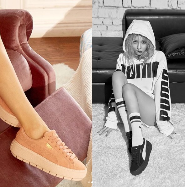 △PUMA Suede Creeper
推出防彈就已經夠讓人受不了,沒想到PUMA這次暨出女生殺手,讓泫雅來代言PUMA Suede Creeper的款式啦!這款也是一樣做復古設計,厚底配上麂皮的款式早就讓摩登少女準備好要下手啦!這雙大推,絕對要買啊~