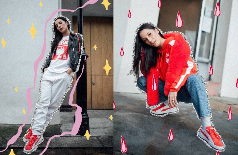 除了 SUEDE 鞋款外,PUMA x HELLO KITTY 系列商品還推出女孩們的穿搭必備單品潮Tee,以及紅白經典配色的 PUMA T7 復古連帽T-shirt,寬白色條紋順著肩膀與手臂延伸而下,左胸前印上可愛 KITTY 臉龐,背後的 KITTY則伴隨她最愛的牛奶瓶