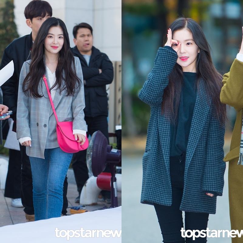 △Red Velvet Irene:
Irene則是一看就知道,喜歡利用外套做搭配,像是格紋外套就是它很常穿的單品呢~配上牛仔褲或是黑色長褲,可以拉長腿部比例,並且讓雙腿看起來更細喔!