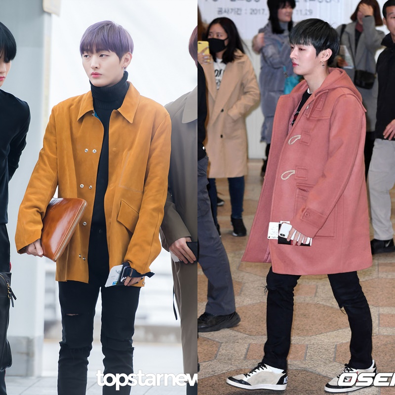 △Wanna One 尹智聖:
不僅頭髮要染特殊色,就連一般男生難以駕馭的橘子色和玫瑰粉尹智盛都可以輕鬆拿來做搭配。最好的穿搭就是利用一件風格強烈的單品配上素色,女孩們就算想要模仿也很OK喔!