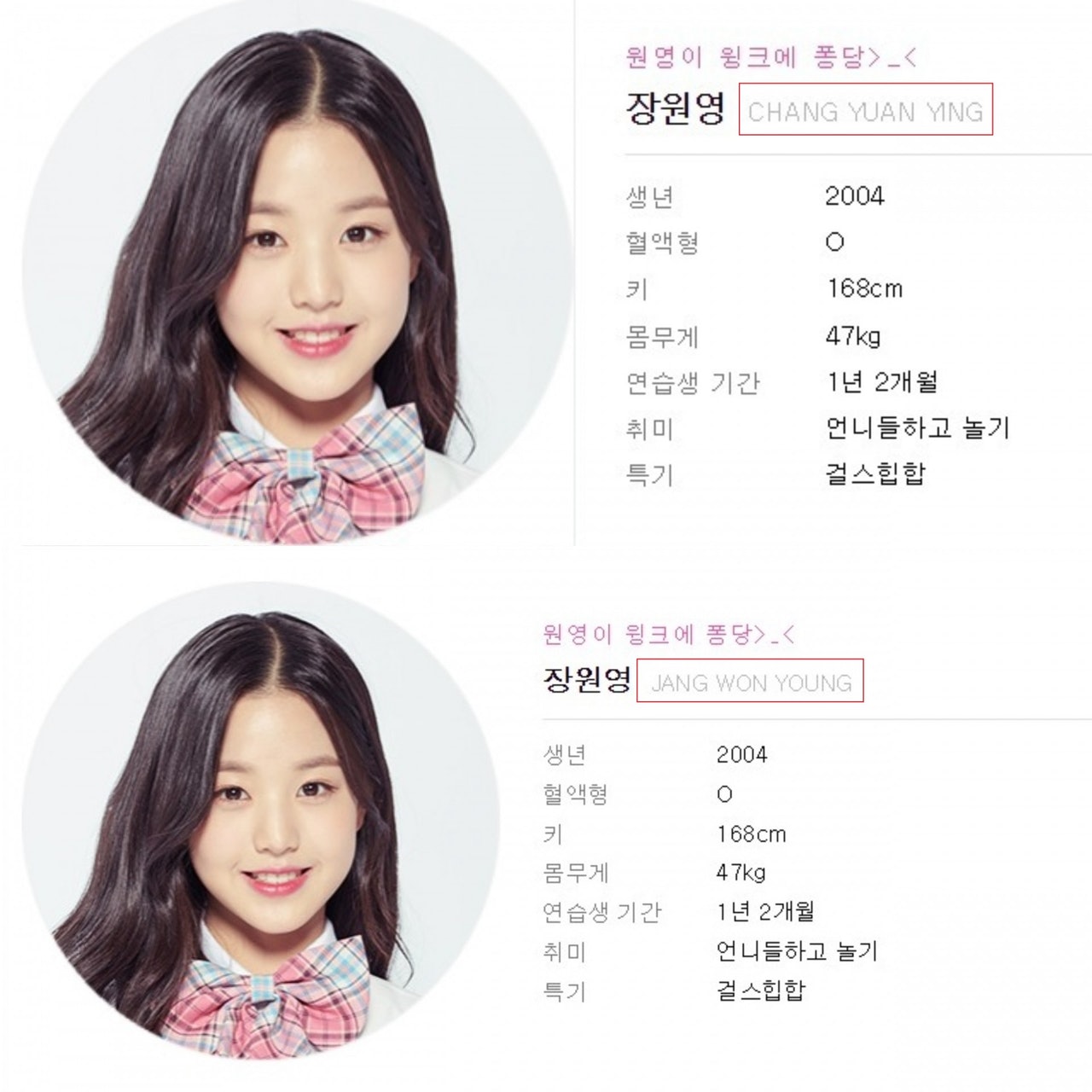 《PD48》播出之前,就有消息指出張元英父親是台灣人,母親是韓國人,為台韓混血
《PD48》簡歷表的英文名字曾顯示成「Chang Yuan Ying」(在台灣的英文拼音)
後來改為韓國的英文拼音「Jang Won Young」
在這方面所屬公司STARSHIP也沒做出回應