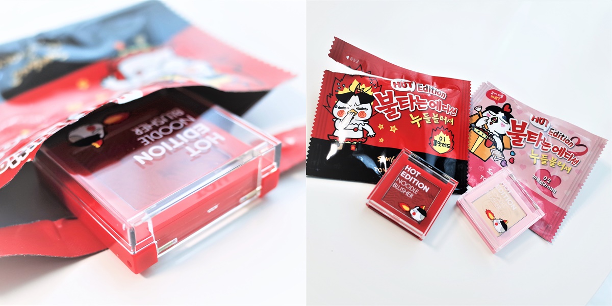 另外就是偽少女個人很喜歡的頰彩系列啦~從調味粉包打開來後,就會出現這樣一顆顆的頰彩,而且顏色上有人發現嗎?是按照辣雞味的口味去做區別,原味辣雞麵則是紅色款,起司辣雞麵則是淡黃色系,也太應景了吧!