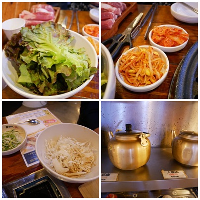 不只有豬肉!生菜、高麗菜絲、大醬湯、各種小菜也都是吃到飽~肉吃完了只要按下桌上的服務鈴,並且跟服務生說要加肉可以了,而小菜則是自助式隨便你拿。吃飯空間舒適涼爽,服務生態度也很好!