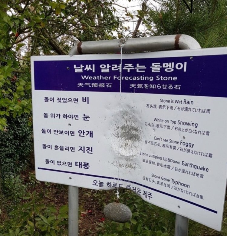 可是在8月24日早上,推特上有一個「濟州島預報天氣的石頭近況」的po文,貼文上卻發現這顆石頭變得有點不一樣......在照片可以看到受到颱風的影響,標牌居然被不停搖擺的石頭打到歪掉Q_Q