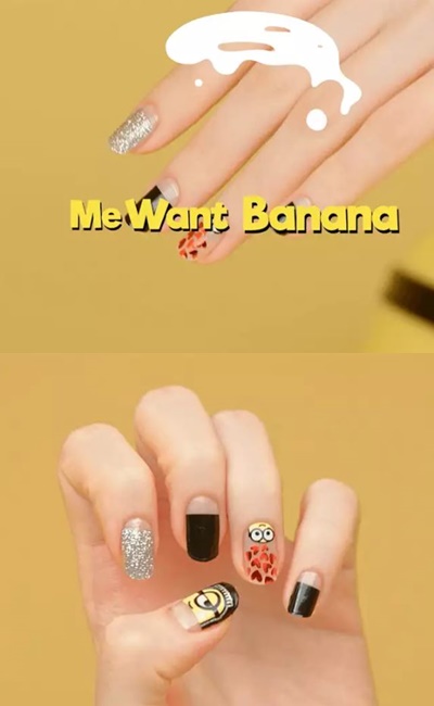 Me want banana(小兵語:我餓了)|
這款呢,則是讓小小兵套上監獄服,以黑色為主色,搭配銀色亮片、紅色愛心和小小的香蕉,即使只是指彩,也給人小兵們被餓很久一直吵鬧的調皮之感(?)