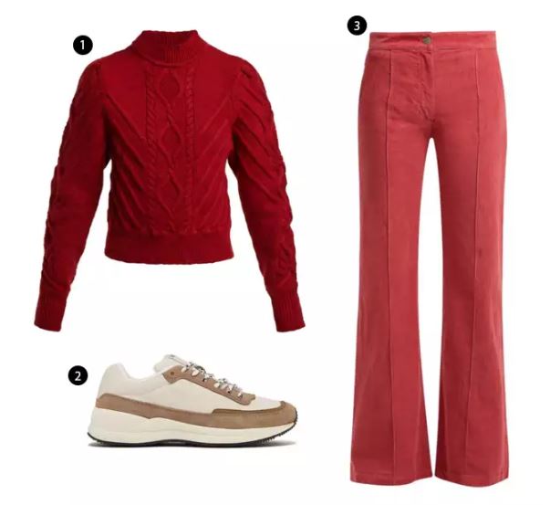 Shopping List:
1、ISABEL MARANT 紅針織上衣 |
2、A.P.C. 大地色系運動鞋 |
3、MASSCOB 貼身燈芯絨喇叭褲 |