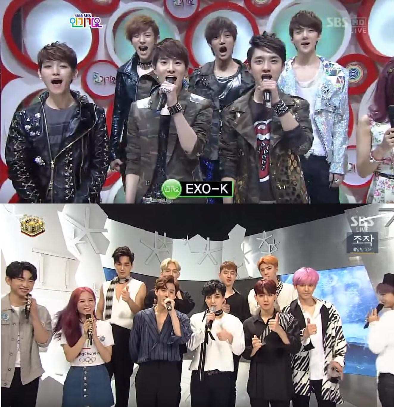 #EXO 「We are one!」→ 出道6年
2012 V.S 2017 的《人氣歌謠》~看看上圖後排燦烈和KAI~就知道是多麼用全生命力在問候XDDD 2012年出道的EXO一出道就氣勢不同反響,現在在舞台上的他們可說是遊刃有餘呀~