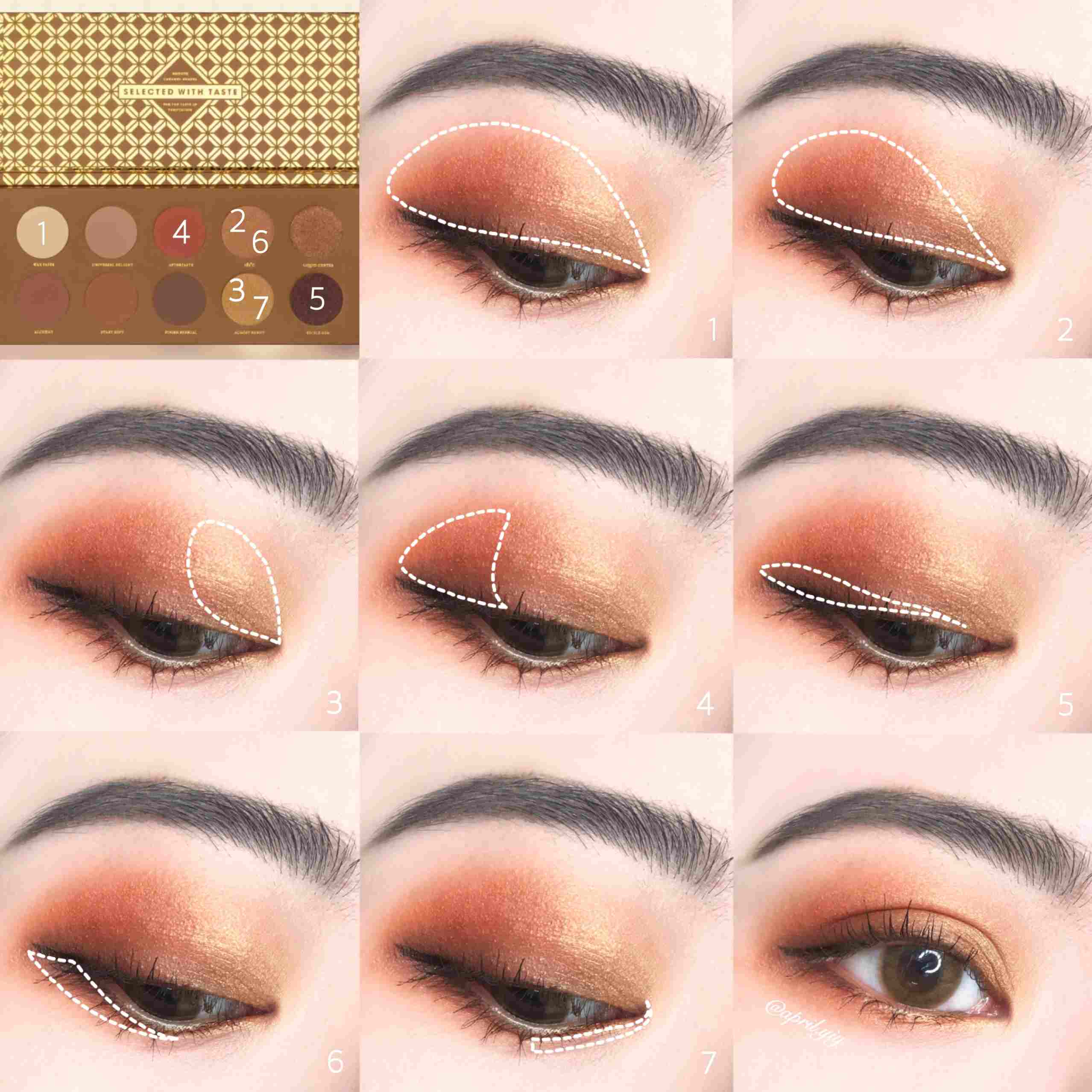 這個眼妝用到的是Zoeva的Carmel眼影盤:
1. 使用淺膚色稍作眼皮打底,均勻眼皮膚色讓之後的眼影更加顯色
2. 使用橘金色作為眼窩底色
3. 使用金色上再眼皮前1/3
4. 使用橘紅色加深眼尾ㄑ字
5. 使用深咖啡色加深眼尾,範圍比眼線化的範圍再大些,接著往前帶至睫毛根部
6. 用同2的橘金色上在眼下後1/2
7. 使用金色尚在眼下前1/2