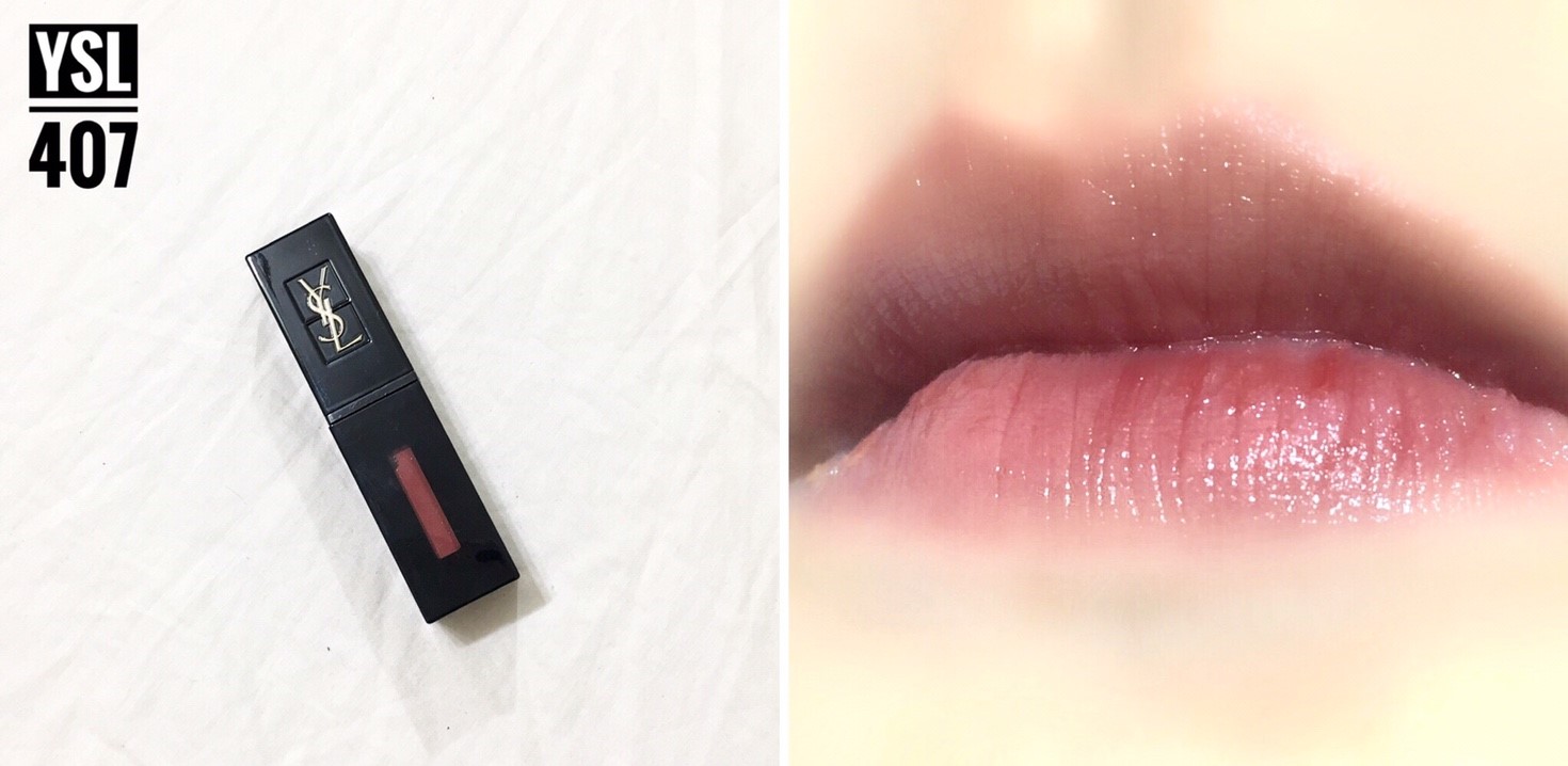 #YSL / 407
最後這一支肯定是每個女生化妝包必備吧!當時可是苦等了好久的唇釉,它的外觀也是黑金,刻上YSL整體質感大提升,顏色的話是很耐看的酒紅,還帶了些葡萄香氣,很持色不需要一直補妝,是偽少女心目中絕對不可或缺的唇彩!