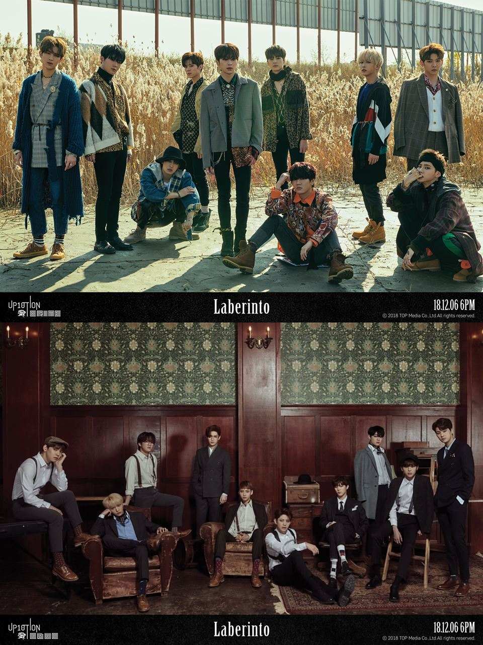 12月6日 UP10TION
此次也是UP10TION今年第三次回歸,離上次發行的特別專輯四個月的時間在次帶著新作品和大家見面,新專輯《Laberinto》是西班牙語「迷宮」的意思,目前公開了兩個版本的概念照「Clue Ver.」及「Crime Ver.」大家喜歡哪種風格呢?