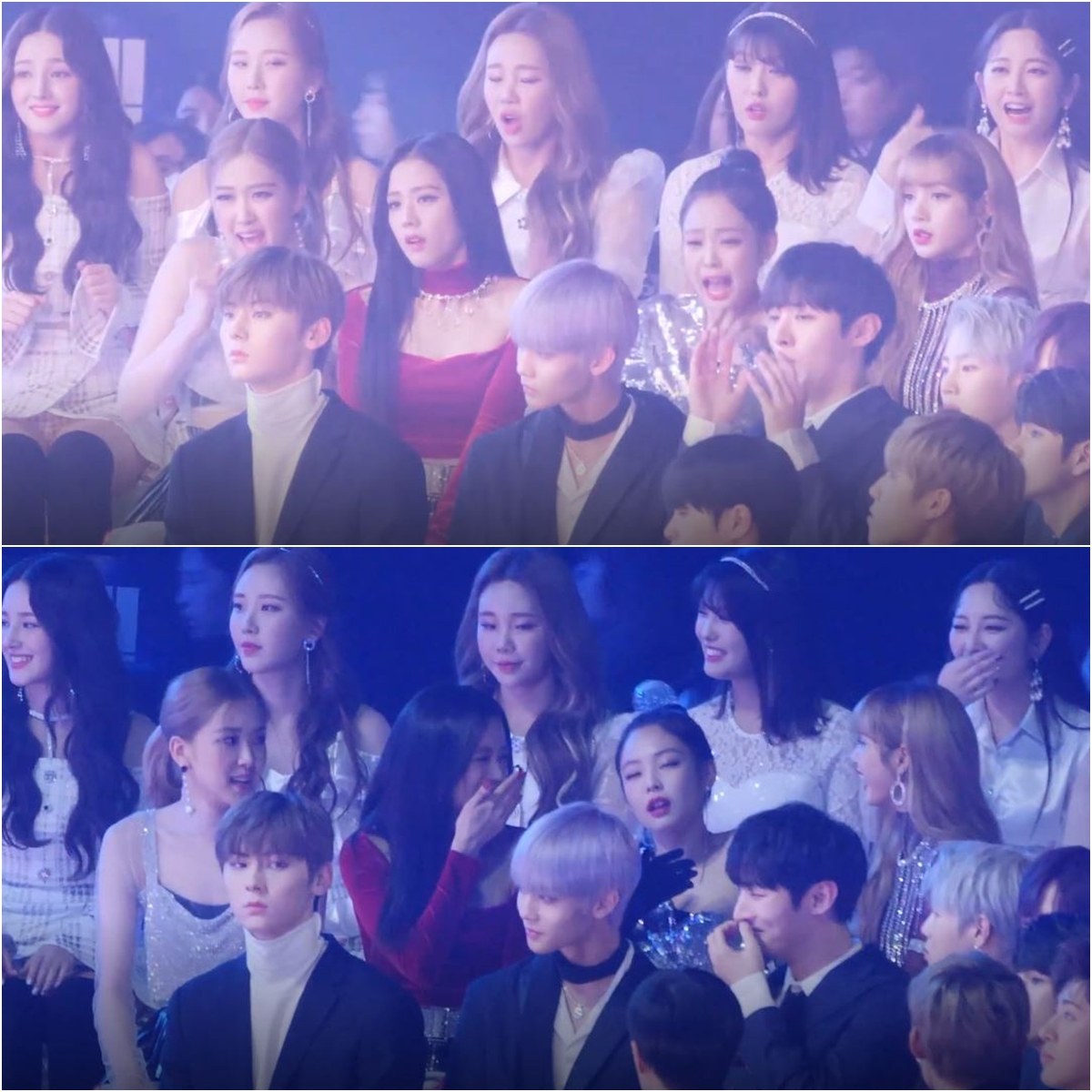 MOMOLAND的Jooe、BLACKPINK的Jennie和WANNA ONE的智聖被嚇的最大跳,其他人大多是瞳孔震動或者身體抖動了一下,有眼尖的粉絲發現這之中完全不動聲色的就是WANNA ONE的四位成員黃旼炫、裴珍映、河成雲和賴冠霖,表情始終如一!