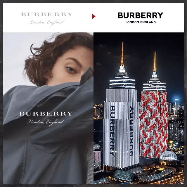 『20年間的變化,BURBERRY的新面貌』
更換LOGO的品牌中,最受矚目的非BURBERRY莫屬。加入BUBERRY後第一次公開設計系列的Riccardo Tisci不只更換了品牌LOGO,也更換新的品牌圖案。圖案的設計靈感來自品牌創辦人Thomas Burberry,將T與B兩個字母交錯,以棋盤格式的風格呈現。在倫敦、紐約、首爾、香港等大都市建築的數位電視牆上,都可以清楚的看見此新圖像。