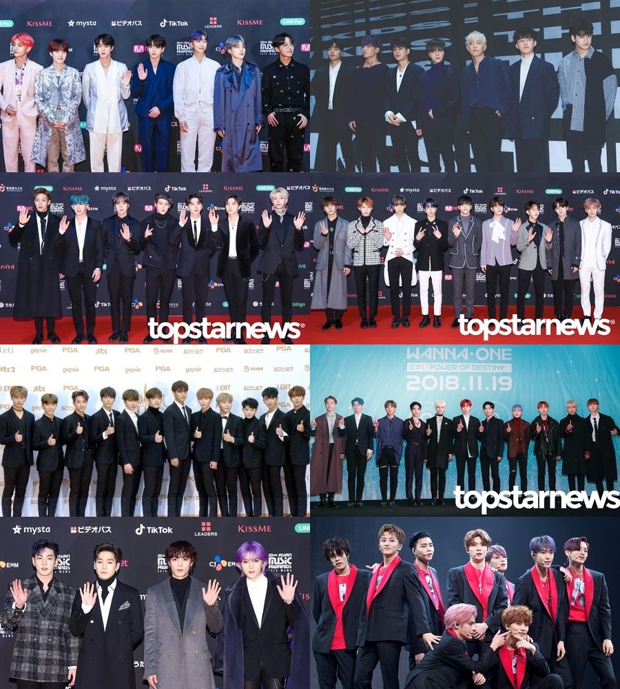男團的部分包括防彈少年團、iKON、MONSTA X、Stray Kids、SEVENTEEN、Wanna One、NUEST W、NCT127,其中 Wanna One 則是最後一次以完全體參加的頒獎典禮,也讓粉絲相當惋惜