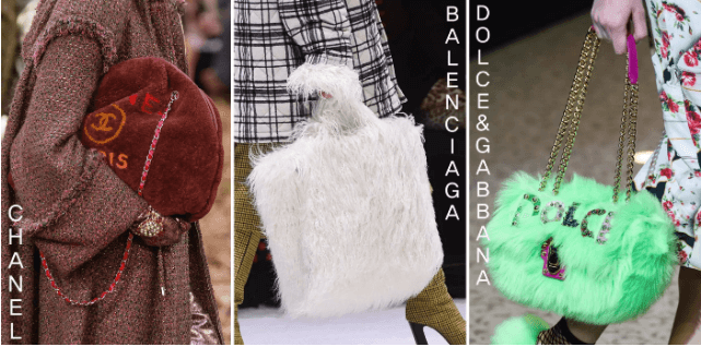 『可愛奢華風:Fur Bag!』
在所有皮毛單品中,最基本的入門款非包包莫屬。最近各品牌推出各式各樣加上圖案與字體的皮毛製單品,找到自己喜歡的款式可以說是一點都不困難。如果想找經典,不會退流行的款式,可以選擇香奈兒的咖啡色短羊毛包,包上的字體與顏色可以說是錦上添花。若想走優雅路線,可以選擇BALENCIAGA白色托特包,單一的顏色顯得高雅。最後,如果想強調單品的話,則可選擇鮮艷、霓虹色的單品。