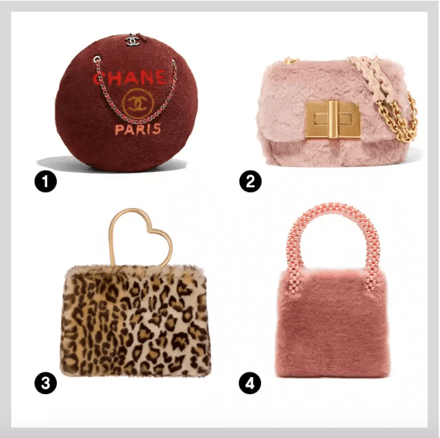 SHOPPING LIST
1. CHANEL 短羊毛包
2. TOM FORD 人造皮毛手拿包
3. Shrimps 豹紋人造皮毛托特包
4. Shrimps 人造皮毛托特包