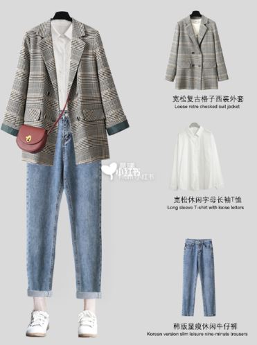 3.格紋西裝外套:
如果不喜歡上面這樣太過正式的穿搭,不如嘗試看看格紋西裝外套搭配一樣的單品,西裝外套+直筒褲,格紋西裝外套會比黑色款的要更青春一些,整體看起來也會比較有特色。