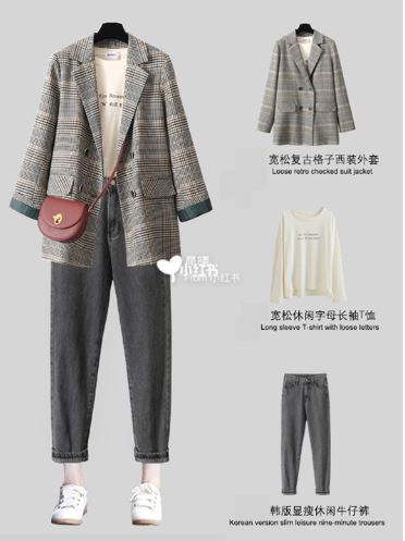 4.格紋西裝外套+T-Shirt:
不過換了一件內搭和褲子就可以展現出完全不一樣的風格啊!一樣的格紋西裝外套,搭配寬鬆的T-shirt和灰色款牛仔褲,比起第3套反而有種俐落的感覺。