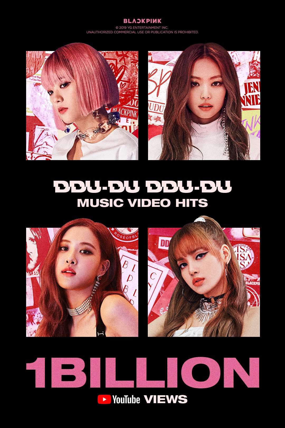而就在11日約晚上8點(韓國時間),BLACKPINK的歌曲<DDU-DU DDU-DU>YOUTUBE MV觀看次數突破了10億大關,成為K-POP史上第一個擁有破10億MV的偶像團體,所屬公司YG也在官方SNS發布了祝賀的照片,為BLACKPINK的歌手生涯再添上一筆輝煌紀錄。