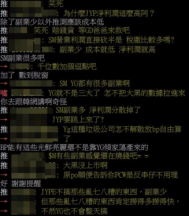 看到三大社第三季度業績的網友們也紛紛留言:「笑死 賠錢貨 等GD爸爸來救吧」、「副業少 成本就低 淨利潤就高」、「SM YG都有很多副業啊」、「JYP要跳上來了?」、「SM有些副業感覺還在燒錢」、「JYPE不搞那些亂七八糟的東西,副業少 但那些亂七八糟的東西肯定撈得多撈得快,不然YG也不會整天搞」等。