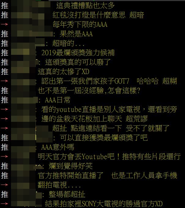 看到照片的網友們也紛紛留言:「這典禮槽點也太多」、「紅毯沒打燈是什麼意思 超暗」、「每年秀下限的AAA」、「2019最爛頒獎強力候補」、「這頒獎真的可以廢了」、「這真的太慘了XD」、「也不是第一屆沒經驗,怎會這樣?」、「看的youtube直播是別人家電視,還看到旁邊的盆栽天花板加上聊天 超荒謬」、「可以直接獲獎最爛頒獎了吧」、「AAA意外嗎」、「爛到覺得好笑」等。