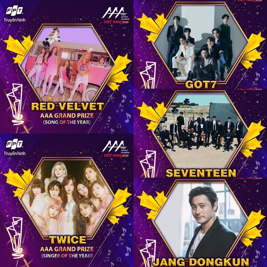 以下是本次《AAA》大賞名單:
年度歌曲:Red Velvet
年度表演:GOT7
年度歌手:TWICE
年度專輯:SEVENTEEN
年度演員:張東健
最受注目的新人獎歌手部門由AB6IX、TXT、ITZY獲得,演員部門則是邕聖祐得獎。