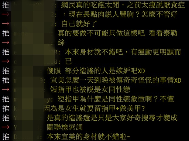 看到新聞的網友們也紛紛留言:「鄉民真的吃飽太閒,之前太瘦說厭食症,現在長點肉說人豐胸?」、「本來身材就不錯吧,有運動更明顯而已」、「傻眼 部分造謠的人是嫉妒吧」、「宣美怎麼一天到晚被傳奇奇怪怪的事情」、「本來宣美的身材就不錯啦」等。