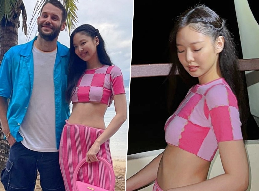 參加雅克穆斯時裝秀的JENNIE的安德布時裝。 當時因爲是品牌時裝秀,所以他選擇了雅克穆斯的單品——切克板露臍裝和豎條紋針織裙。