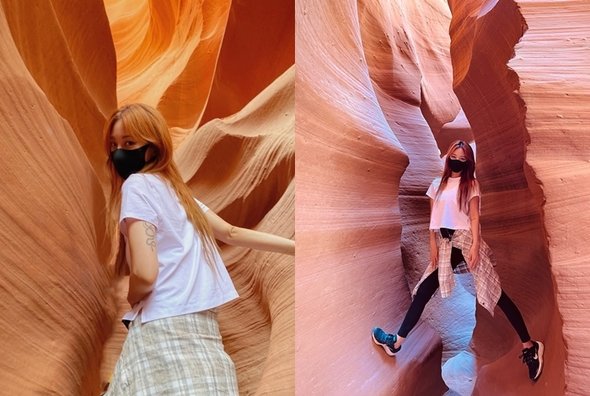 最近韓藝瑟在自己的照片牆上寫道「HIKING THROUGH WONDERs」,並上傳了正在美國旅行的照片。 照片中,韓藝瑟在峽谷中摸着砂岩牆,爬到峽谷之間擺姿勢。